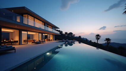 Fototapeta premium Luxurious Modern Villa by the Pool at Twilight