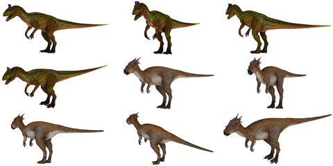 Colorful 3D dinosaur models with varying poses.