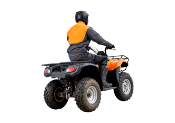 Male riding an orange all-terrain vehicle with protective gear on transparent background, PNG