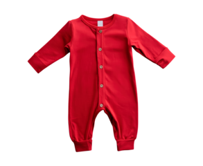 Bright red baby onesie with buttons and long sleeves on transparent background, PNG