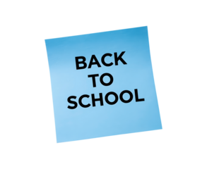 Blue sticky note with back to school message on transparent background, PNG
