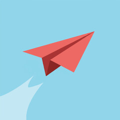 Flat vector illustration of a white paper plane gracefully soaring through a bright, open blue sky, symbolizing freedom, journey, and aspiration.