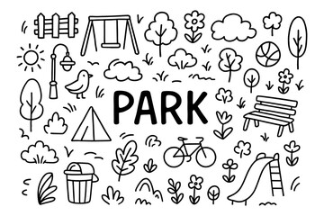 Obraz na płótnie Canvas Playful doodle park elements: swings, trees, and outdoor fun in simple black and white style