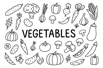 Hand drawn vegetable collection with outlined icons for natural food designs