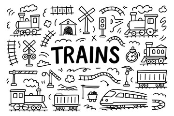 Fototapeta premium Hand drawn train doodles with locomotives, tracks, and signals in black and white