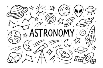 Doodle space astronomy elements: planets, telescopes, aliens, rockets, and more