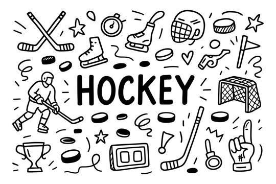 Hand drawn doodle style hockey elements with player and equipment