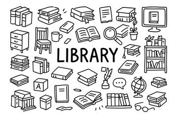 Hand drawn library elements set with books, shelves, and more