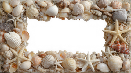 A decorative frame made of seashells and starfish with a transparent background, perfect for summer vacation memories