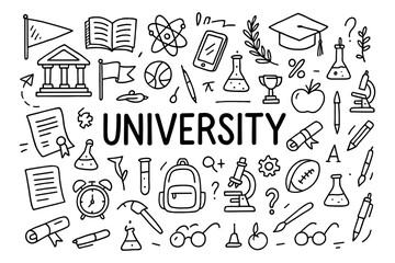 University learning and science icons in hand-drawn doodle style