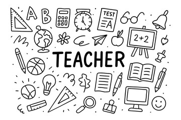 School supplies and education tools doodle set with teacher text