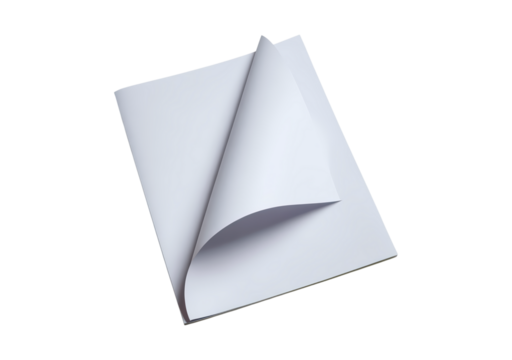 Open blank magazine on black background showing curled page