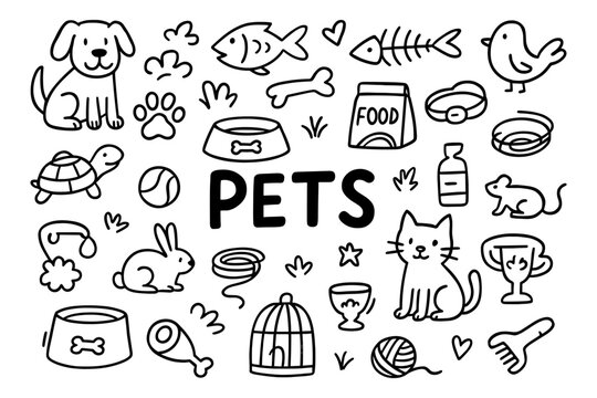 Hand-drawn pet icons collection featuring dogs, cats, and accessories in black and white doodle style