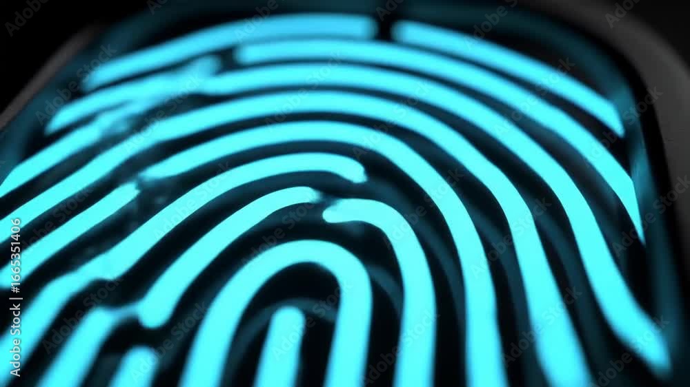 Poster illuminated blue fingerprint macro shot highlighting biometric technology and identification concept