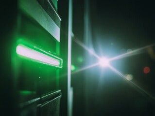 Electric vehicle charging at night with green light and lens flare