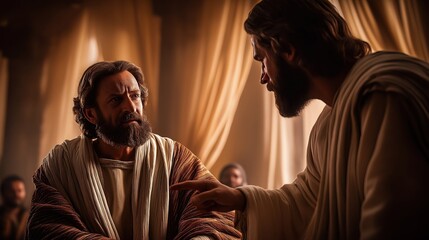 Prophet Nathan stands boldly in the royal court, confronting King David with truth, while David sits in silence, weighed down by guilt, power humbled before divine justice.