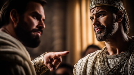 Prophet Nathan stands boldly in the royal court, confronting King David with truth, while David sits in silence, weighed down by guilt, power humbled before divine justice.