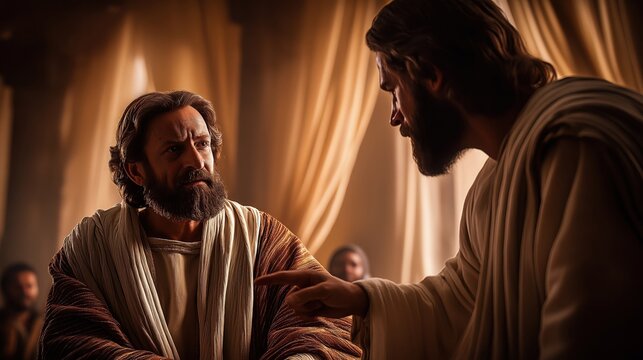 Prophet Nathan stands boldly in the royal court, confronting King David with truth, while David sits in silence, weighed down by guilt, power humbled before divine justice.