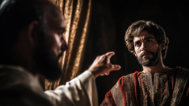 Prophet Nathan stands boldly in the royal court, confronting King David with truth, while David sits in silence, weighed down by guilt, power humbled before divine justice.