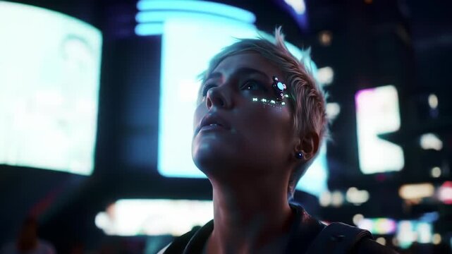 Young caucasian woman with futuristic led makeup and short hair gazing upward in neon cityscape at night. concept of cyberpunk aesthetics, urban exploration, technological innovation