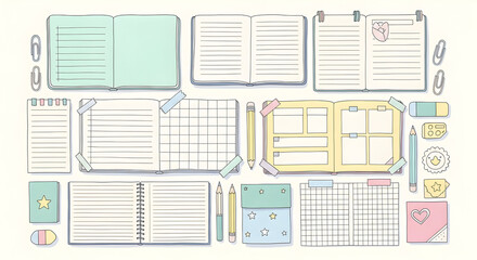 Fototapeta premium Pastel notepads flat lay: assorted spiral and tear-off memo pads with decorative headers, sticky notes and stationery essentials on light background
