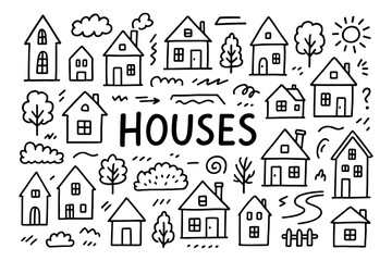 Charming hand drawn doodle houses with trees and decorative elements