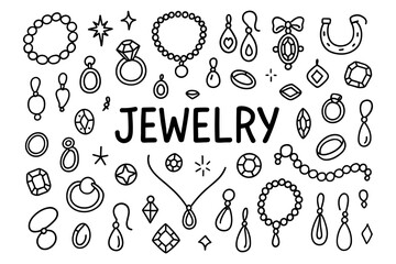 Hand-drawn outline of various jewelry items with earrings, necklaces, and rings