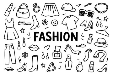 Trendy fashion doodles in black and white sketch style