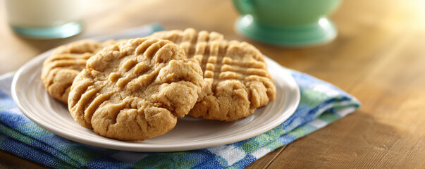Cookies are stacked on a white plate placed on a checkered cloth with a green cup and milk in the background. Homemade baking and snack time