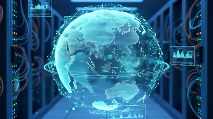 Advanced digital holographic earth globe with futuristic data interface in server room environment. - Powered by Adobe