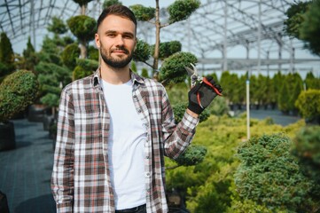 A young gardener cuts a tree with scissors. Gardening and tree shop concept