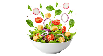 Fresh salad ingredients flying upwards from a white bowl isolated on transparent background