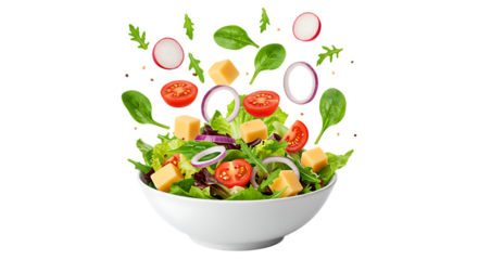 Fresh salad ingredients flying upwards from a white bowl isolated on transparent background