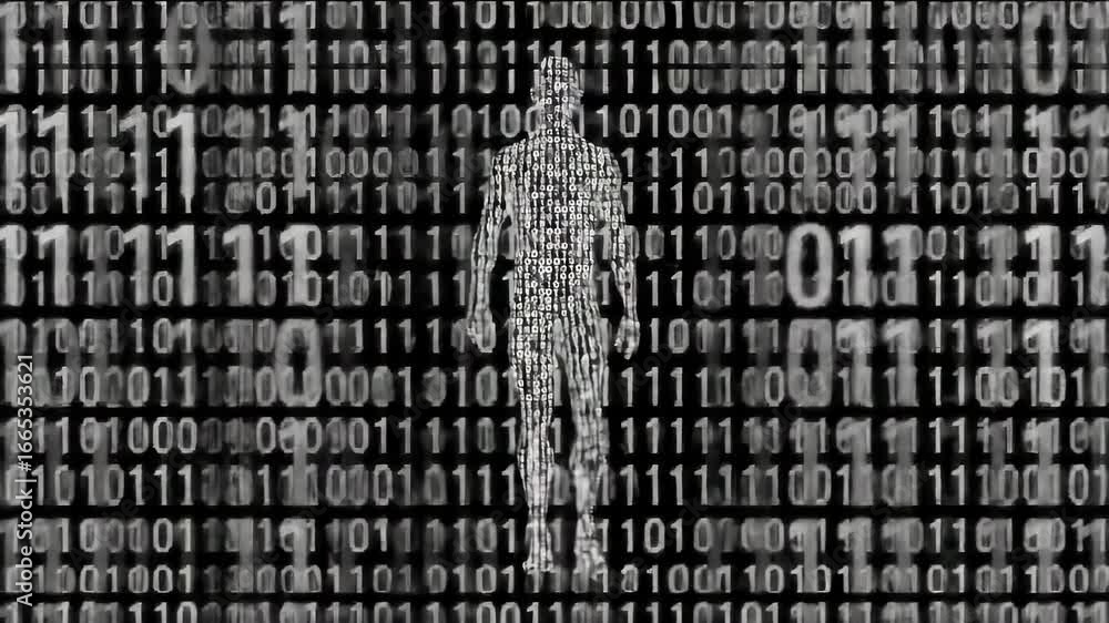 Poster futuristic human silhouette composed of binary code and numbers walking against a digital background