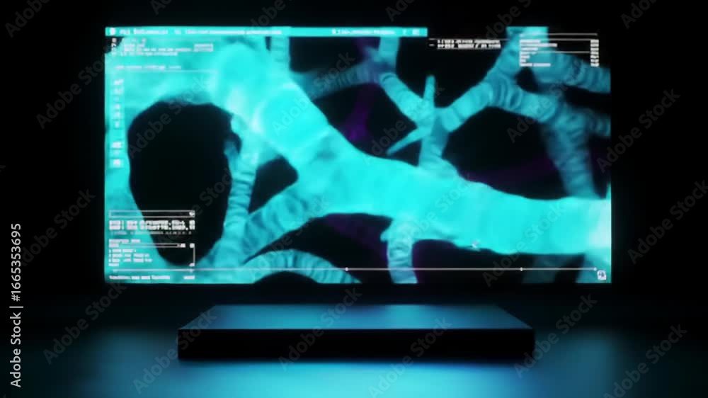 Poster futuristic holographic screen displaying glowing dna or neural structure with scientific interface. 