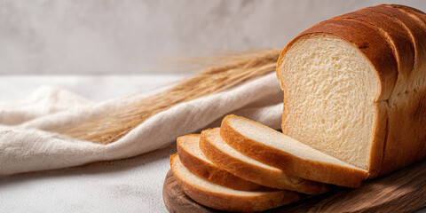 Sliced loaf of bread rests on a wooden board with wheat stalks nearby. Concept: fresh bakery, simplicity, food presentation