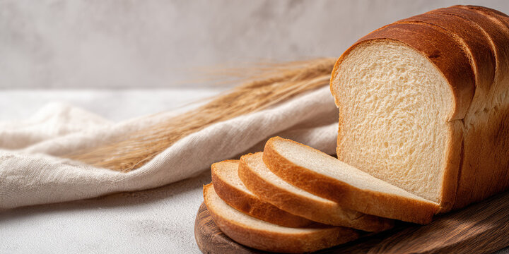 Sliced loaf of bread rests on a wooden board with wheat stalks nearby. Concept: fresh bakery, simplicity, food presentation - Powered by Adobe