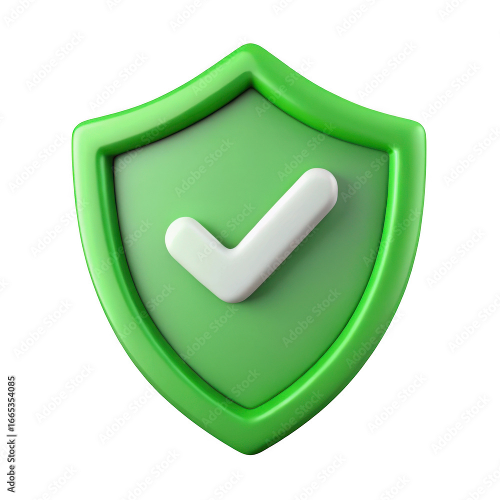 Poster 3d green shield with checkmark isolated on transparent background