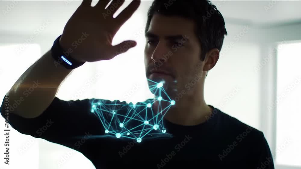 Poster man interacting with futuristic holographic interface in high-tech environment. concept of advanced 