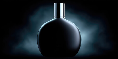 Obraz premium A sleek, round black perfume bottle stands against a misty background, emitting an aura of elegance and mystery. Concept: luxury, fragrance, elegance