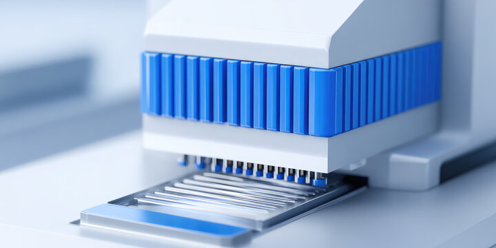 A laboratory machine is examining slides on a tray. Scientific research equipment