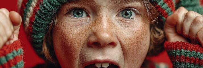 Excited child expressing joy with big eyes and a striped winter hat during a festive celebration in a cozy indoor setting