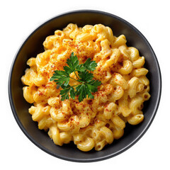 Delicious macaroni and cheese bowl close-up top-down view with fresh parsley garnish