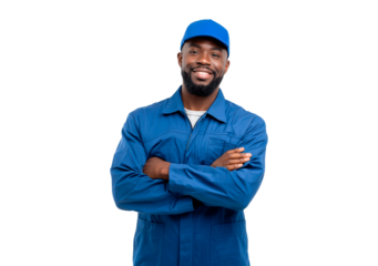 Confident man mechanic in blue uniform with cap smiling on transparent background, PNG