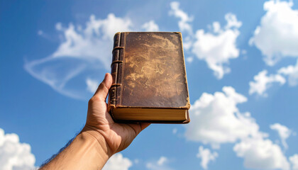 A hand holds a worn, antique book up against a clear blue sky with fluffy white clouds.