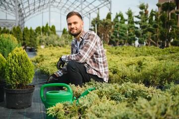 A young gardener cuts a tree with scissors. Gardening and tree shop concept