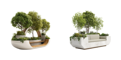 Urban green spaces innovative furniture design in city environments PNG set, cut out, isolated on transparent background