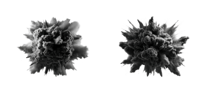 Explosive cloud dynamics abstract digital black & white PNG set, cut out, isolated on transparent background