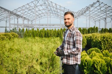Caucasian man choosing sprouts in garden center