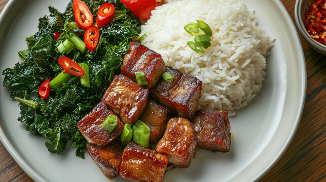 Thai-style crispy pork belly with stir-fried Chinese kale (Pad Kana Moo Krob), served with fragrant jasmine rice &mdash;ar 16:9 
